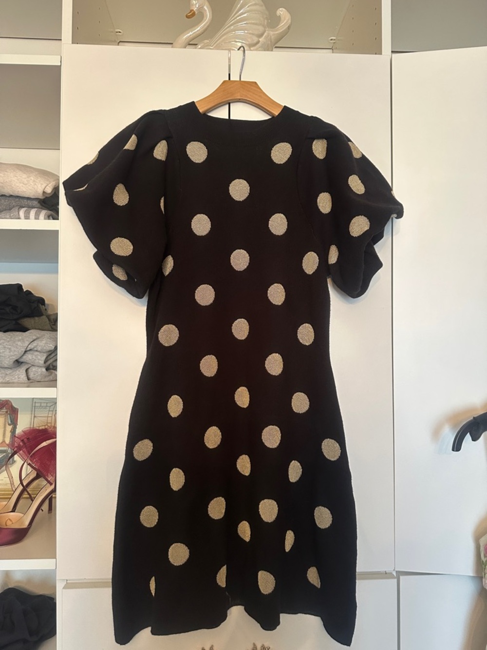 Black Polka Dot Puff-Sleeve Dress - Black/Cream